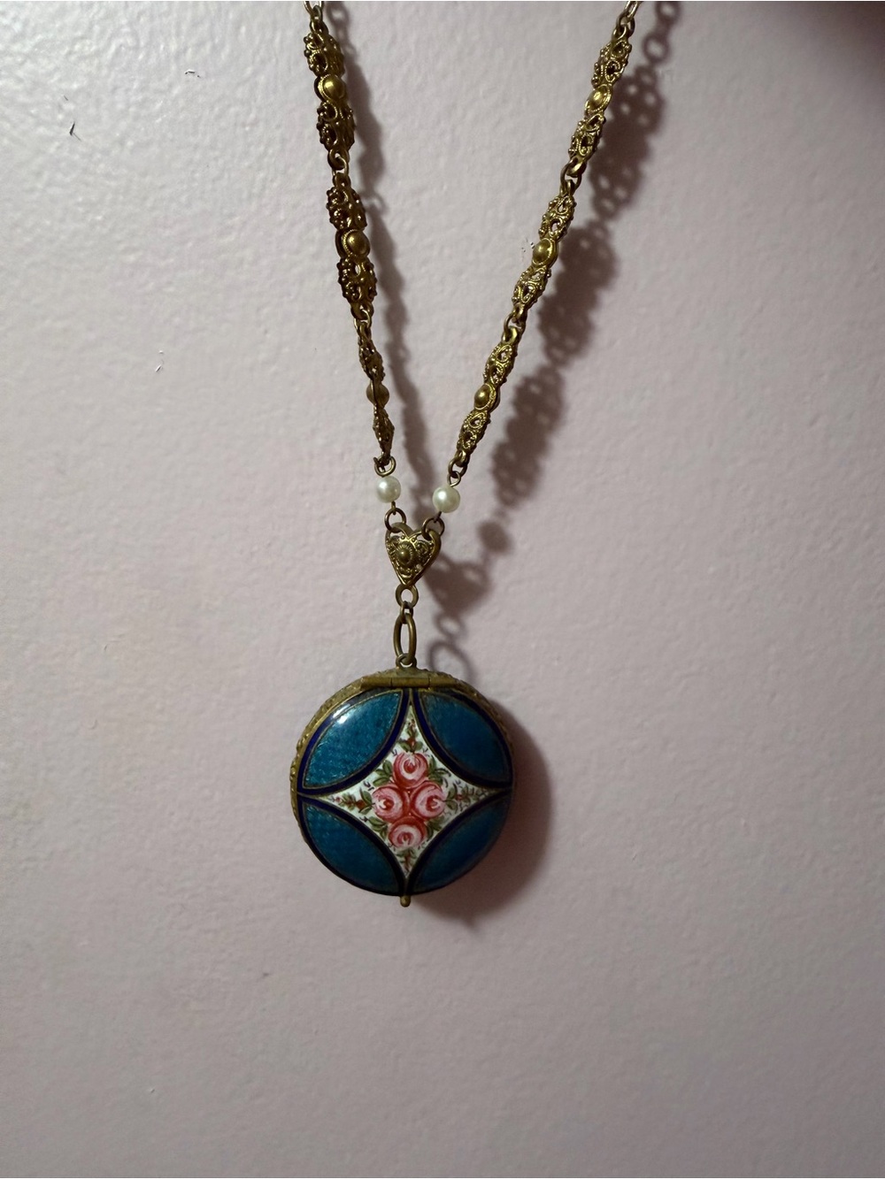 Vintage Style Blue Enamel Mirror Locket Pendant Necklace with Rose Motif